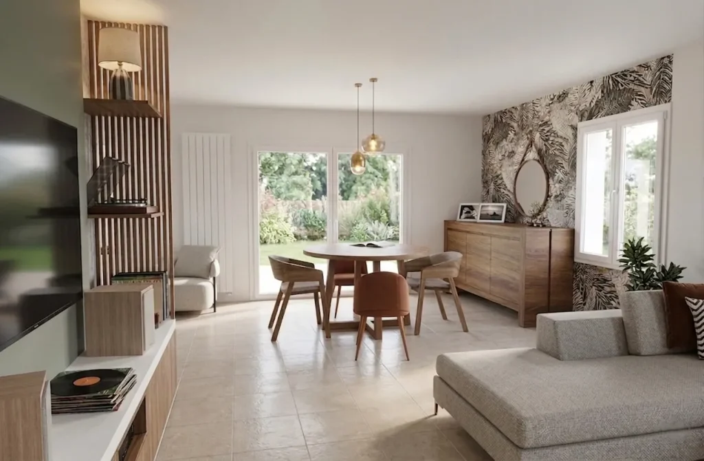 Salon et salle à manger à la décoration intemporelle et naturelle, couleur douce, mobilier cosy, matières naturelles