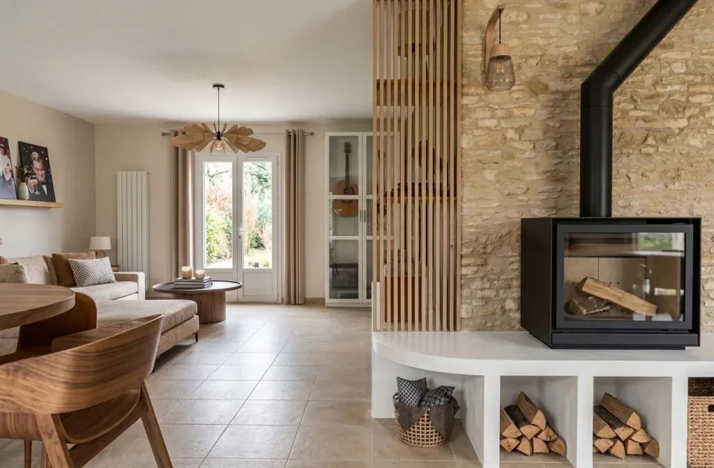 Salon à la décoration intemporelle et naturelle, poêle à bois avec pierres apparentes et claustra