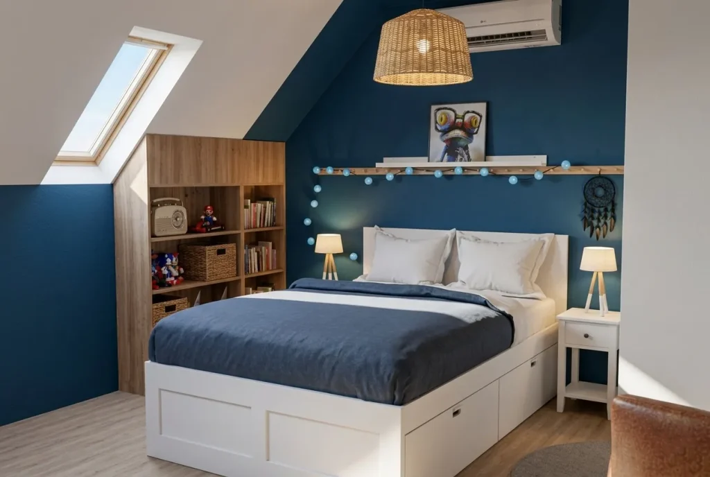 Agencement et décoration d'une chambre d'enfant garçon sous pente, couleur bleue, ambiance douce intemporelle
