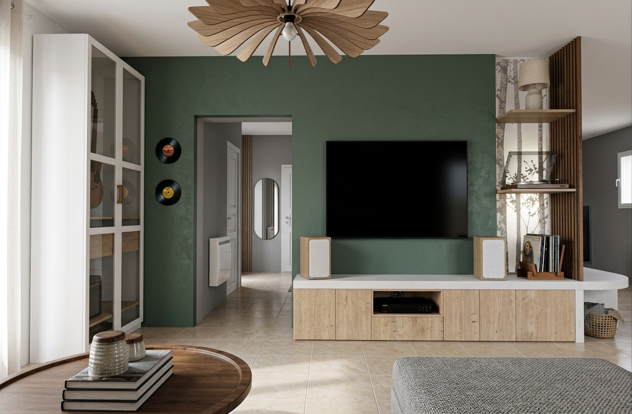 Salon à la décoration intemporelle et naturelle, meuble TV, béton cellulaire, claustra bois