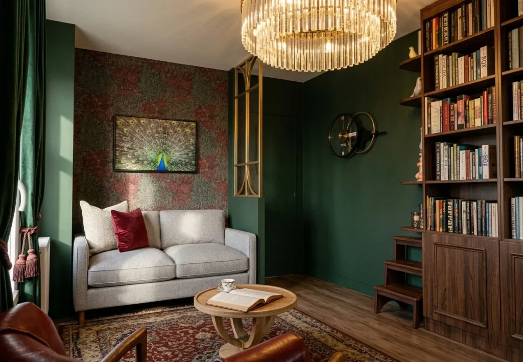 Modélisation 3D d'une chambre d'amis avec l'ajout d'une bibliothèque de style anglais, ambiance cosy et raffinée