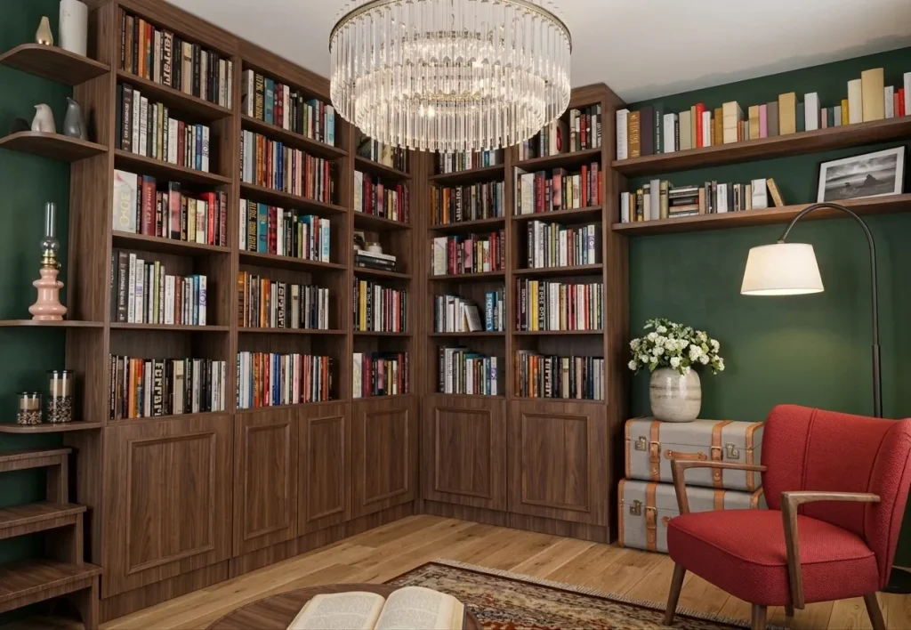 Modélisation 3D d'une bibliothèque sur-mesure pour ranger de nombreux livres, espace cosy de lecture avec fauteuil et lampe sur pied