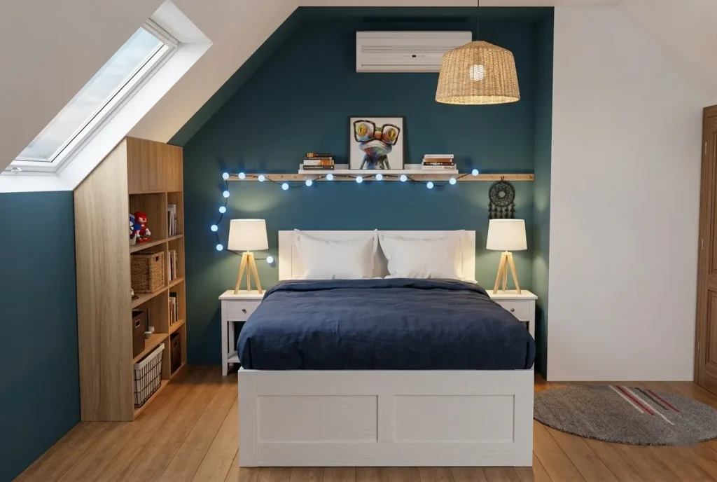 Modélisation 3D d'une chambre d'enfant sous les toits, décoration bleue souhaitée par les clients
