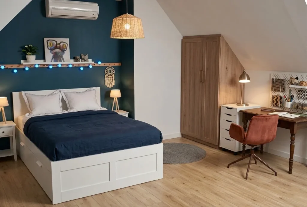 Modélisation 3D de la chambre d'un enfant garçon de 7 ans, lit double et bureau pour les devoirs