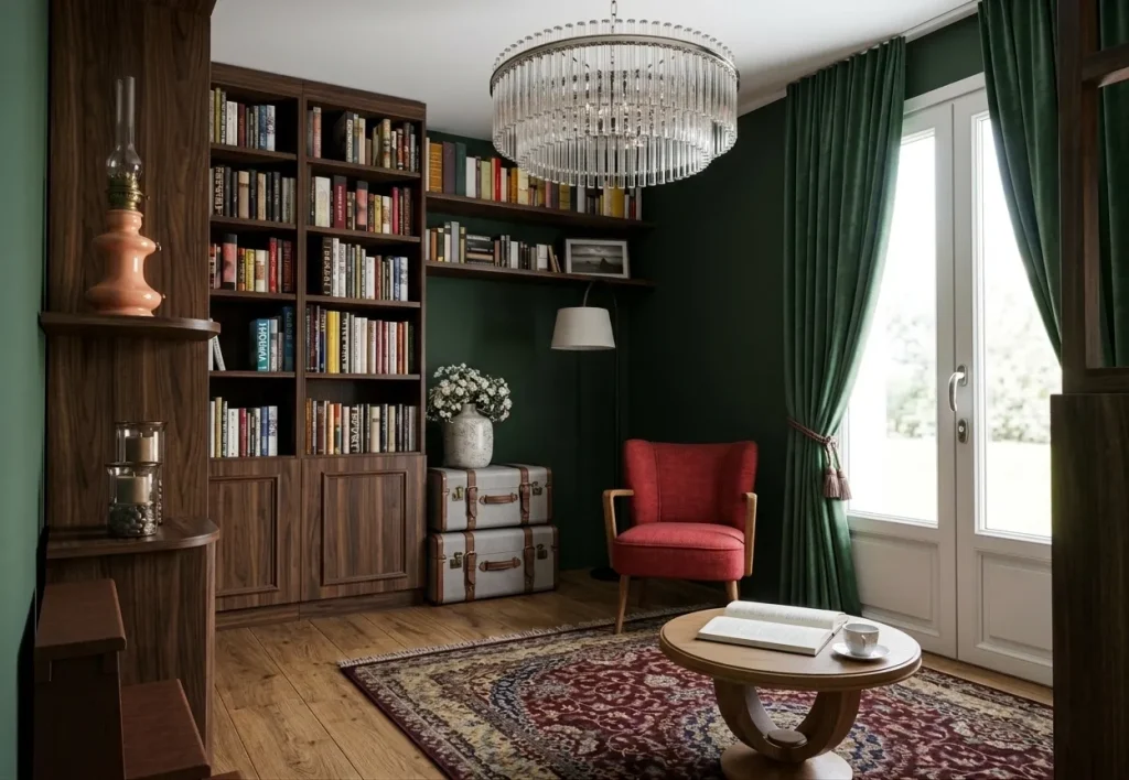 Modélisation 3D d'une chambre d'amis transformée en bibliothèque, ambiance de style anglais, à Tours (37)
