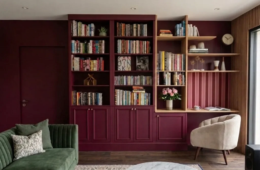 Modélisation 3D d'une bibliothèque sur-mesure, mélange de style classique et moderne