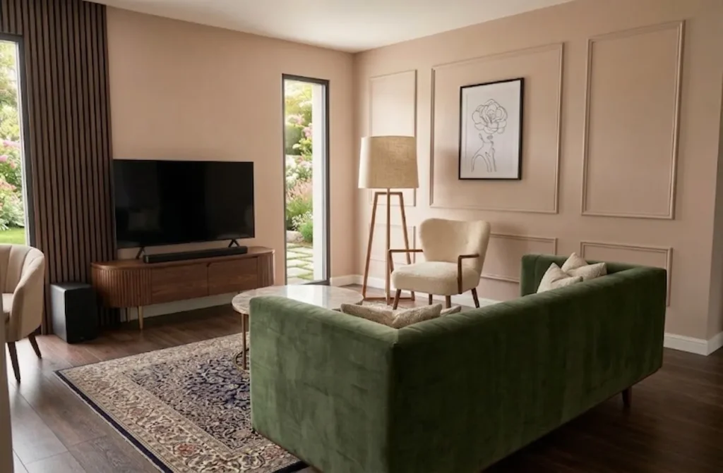 Moulures au mur, fauteuil et lampe sur pied dans le salon, espace cosy